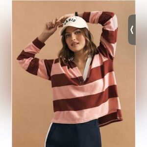 Anthropologie Pilcro Oversized Rugby Polo Pink Burgundy Stripe Size XXS
